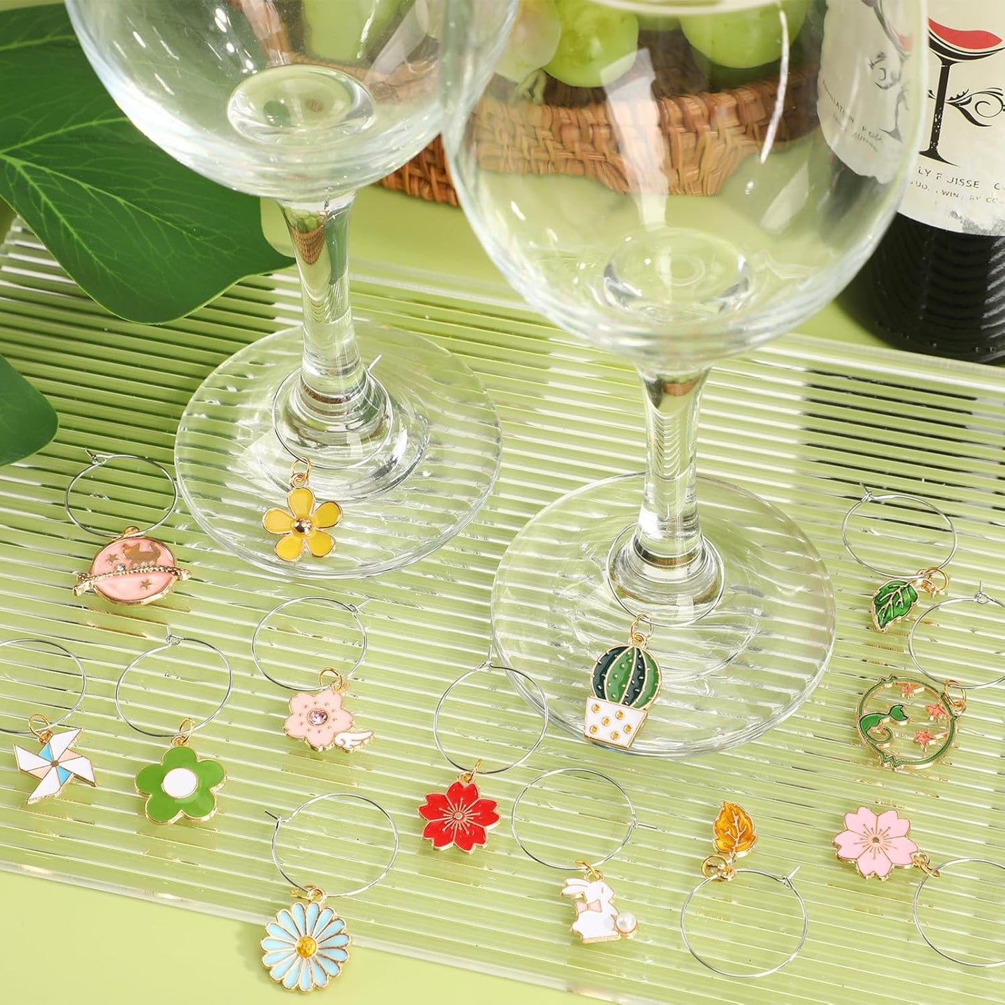 SANNIX Spring Floral Wine Charms - 24pcs Stem Glass Charms for Wine Tasting Party Decorations