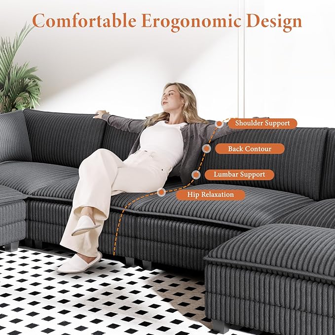 Vesgantti 143" U Shaped Modular Sectional Couch, Comfy Corduroy Upholstered - Image 4