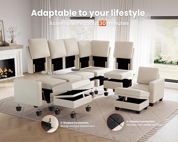 CHIC HOUSE Middle Module for Modular Couch, Corduroy Customizable Chaise - Image 4