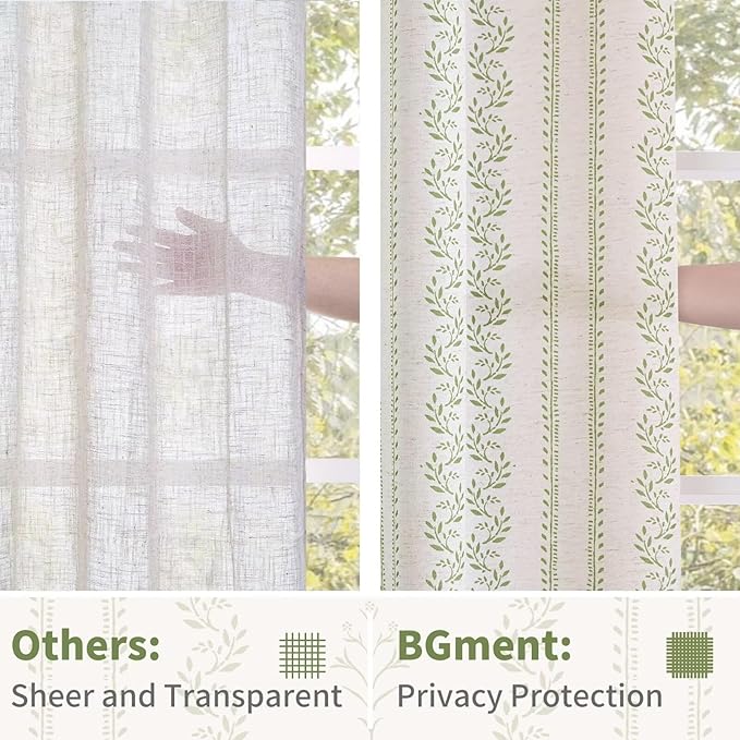 BGment Sage Green Floral Curtains 84 Inch Long, Light Filtering Linen Curtains - Image 6