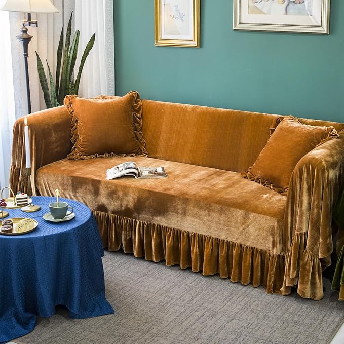 GLORY SEASON Velvet Sofa Cover Soft Decorative Luxurious Solid Exquisite Ruffle - Image 8