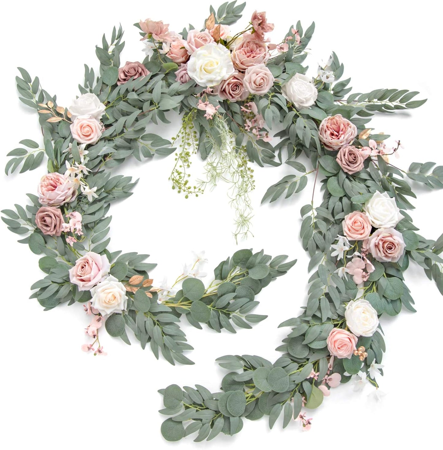 Ling's Moment 9FT Spring Flower Garland for Backdrop Decorations - Wedding Arch Flowers, Eucalyptus & Rose, Artificial Floral Garland for Mantle - Sweetheart Table Decor for Reception, Dusty Rose
