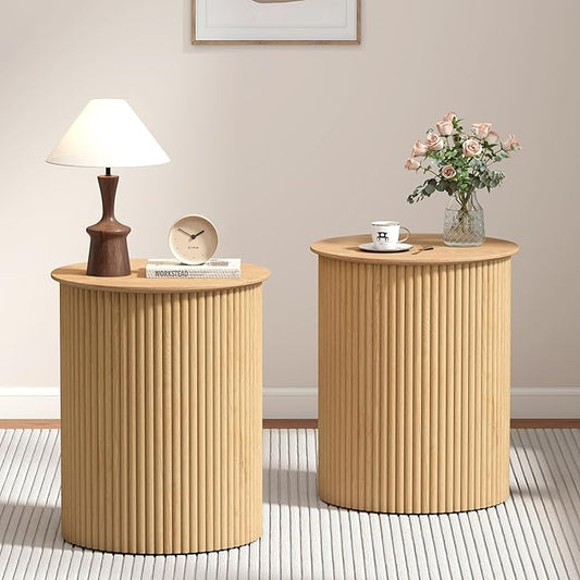 AVZEAR Small Round Side Table Fluted Night Stand Set of 2, Modern Boho End Table by AVZEAR