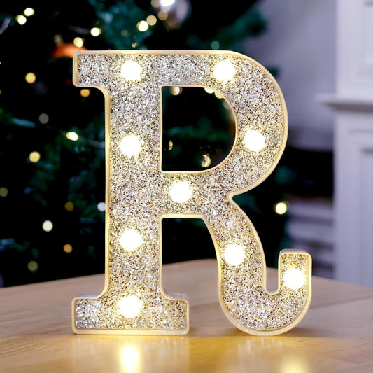 Marquee Light Up Letters, Glitter Silver LED Letter Lights Battery Powered Alphabet Letter Sign for Night Light Wedding Birthday Party Cafe Bar Decoration Girls Room Decor - R