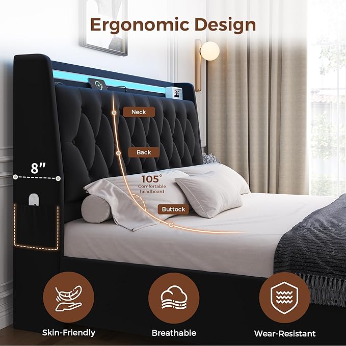 Full LED Velvet Bed Frame with 2 Storage Drawers&Hidden Headboard, Upholstered - Image 7