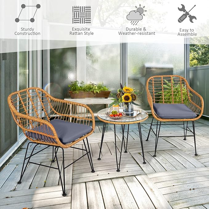 Tangkula 3 Pieces Patio Bistro Set, Rattan Conversation Set - Image 8