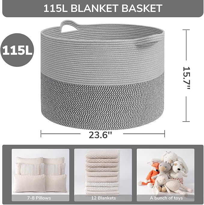 INDRESSME 115L Extra Large Blanket Basket, Cotton Rope Basket - Image 2
