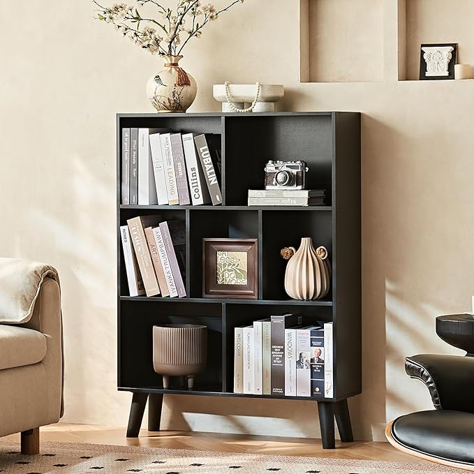 LEYAOYAO 7 Cube Black Bookshelf, 3 Tier Modern Bookcase - Image 8