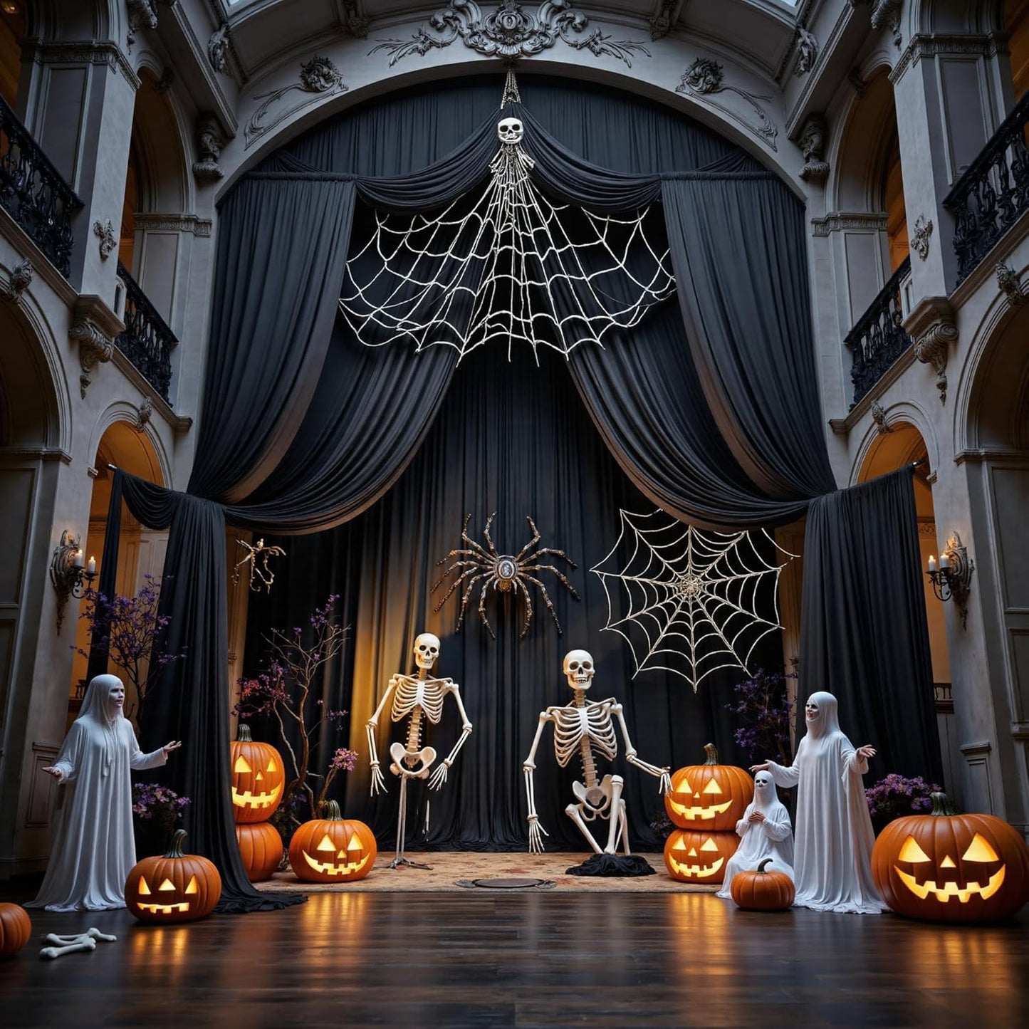 PartyVillage 50ft×15ft Black Backdrop Curtain for Halloween Parties, 10 Panels Wrinkle Free 15 FT Long Polyester Photo Backdrop Drapes Back Drop Cloth for Birthday Photography Background