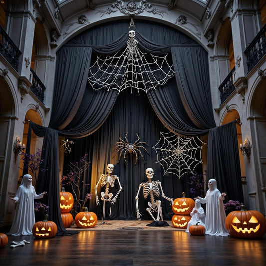 PartyVillage 50ft×15ft Black Backdrop Curtain for Halloween Parties, 10 Panels Wrinkle Free 15 FT Long Polyester Photo Backdrop Drapes Back Drop Cloth for Birthday Photography Background