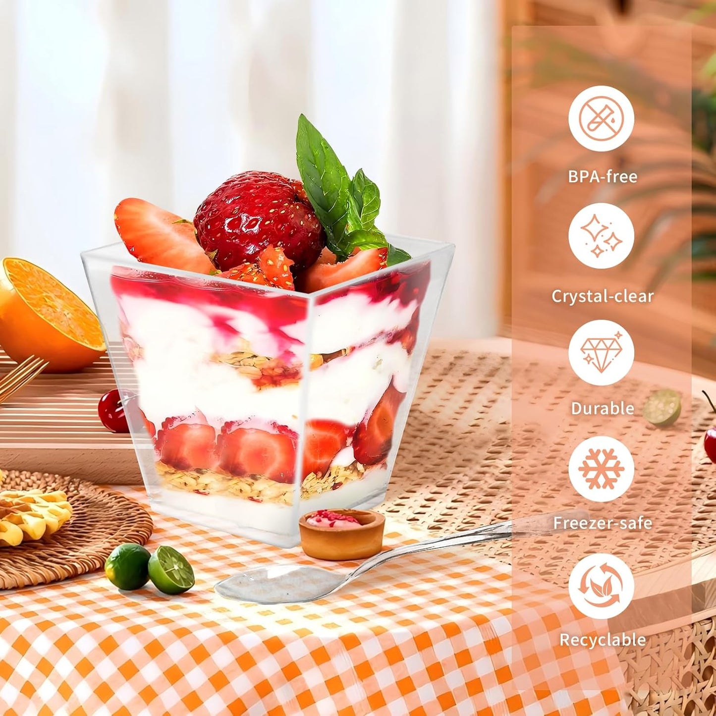50 Pack 3.5 oz Clear Plastic Square Dessert Cups with Spoons，Mini Disposable Parfait Cups for Yogurt, Ice Cream and Tasting，Serving Cups for Appetizer，Pudding，Party (3.5 oz)