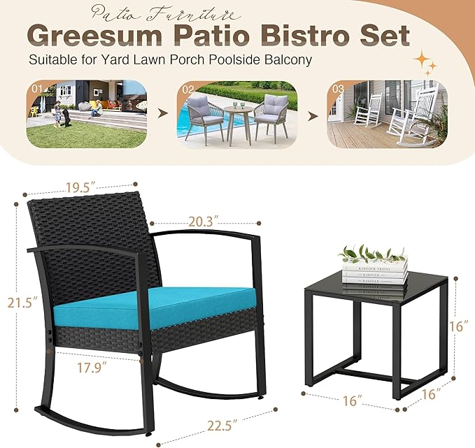 Greesum 3 Piece Outdoor Bistro Set, Imitation Rattan Conversation Set, Patio - Image 7