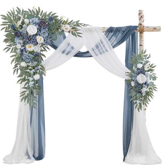 Wedding Arch Flowers with Drapes Kit (Pack of 4) - 2pcs Artificial Dusty Blue Deluxe Swag with 2pcs Sheer Drapes for Wedding Ceremony Arbor Reception Backdrop Rose Floral Decoration