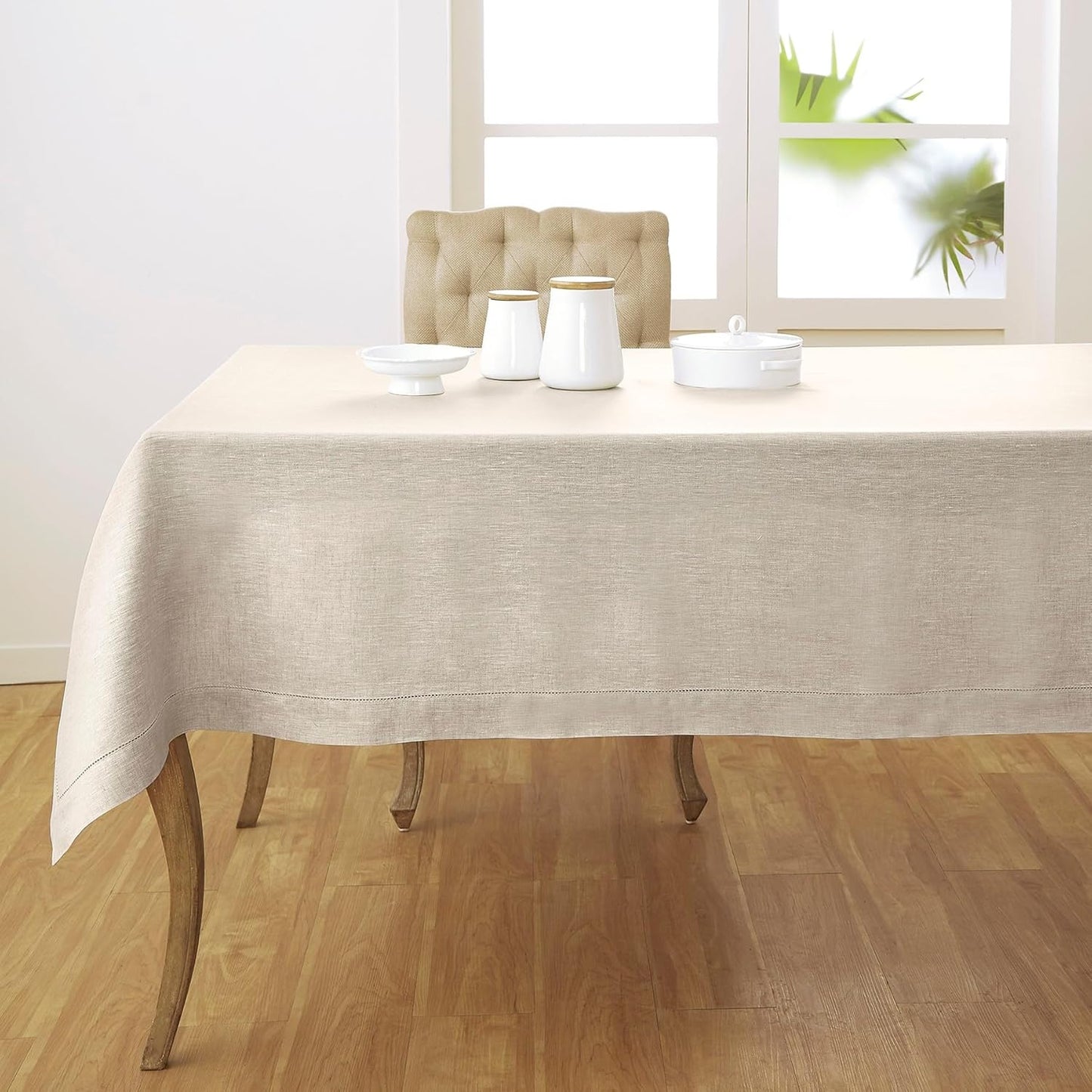 Solino Home Linen Light Natural Tablecloth 60 x 90 Inch - Classic Hemstitch, 100% Pure Linen Rectangular Tablecloth - Machine Washable Table Cloth for Fall, Autumn, Thanksgiving, Christmas, Holiday