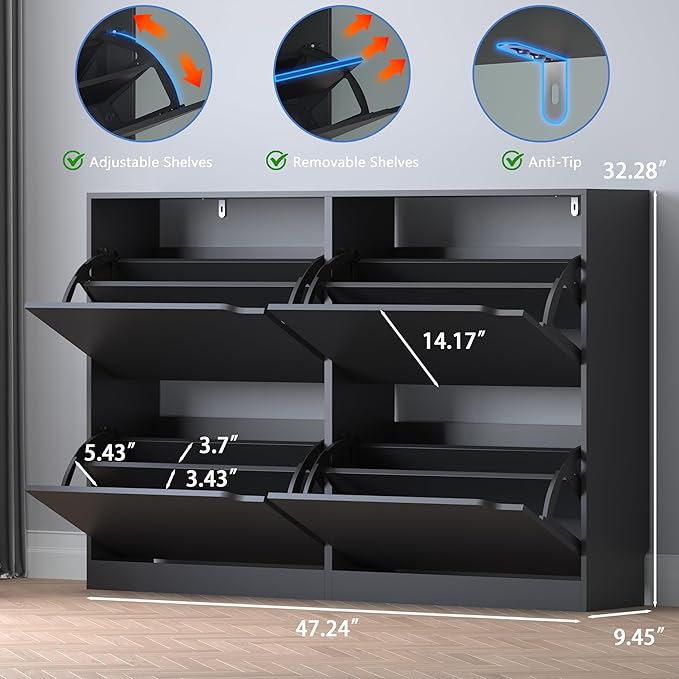 BORNOON Shoe Cabinet with 4 Flip Drawers, Narrow Hidden Shoe Storage Cabinet - Image 2