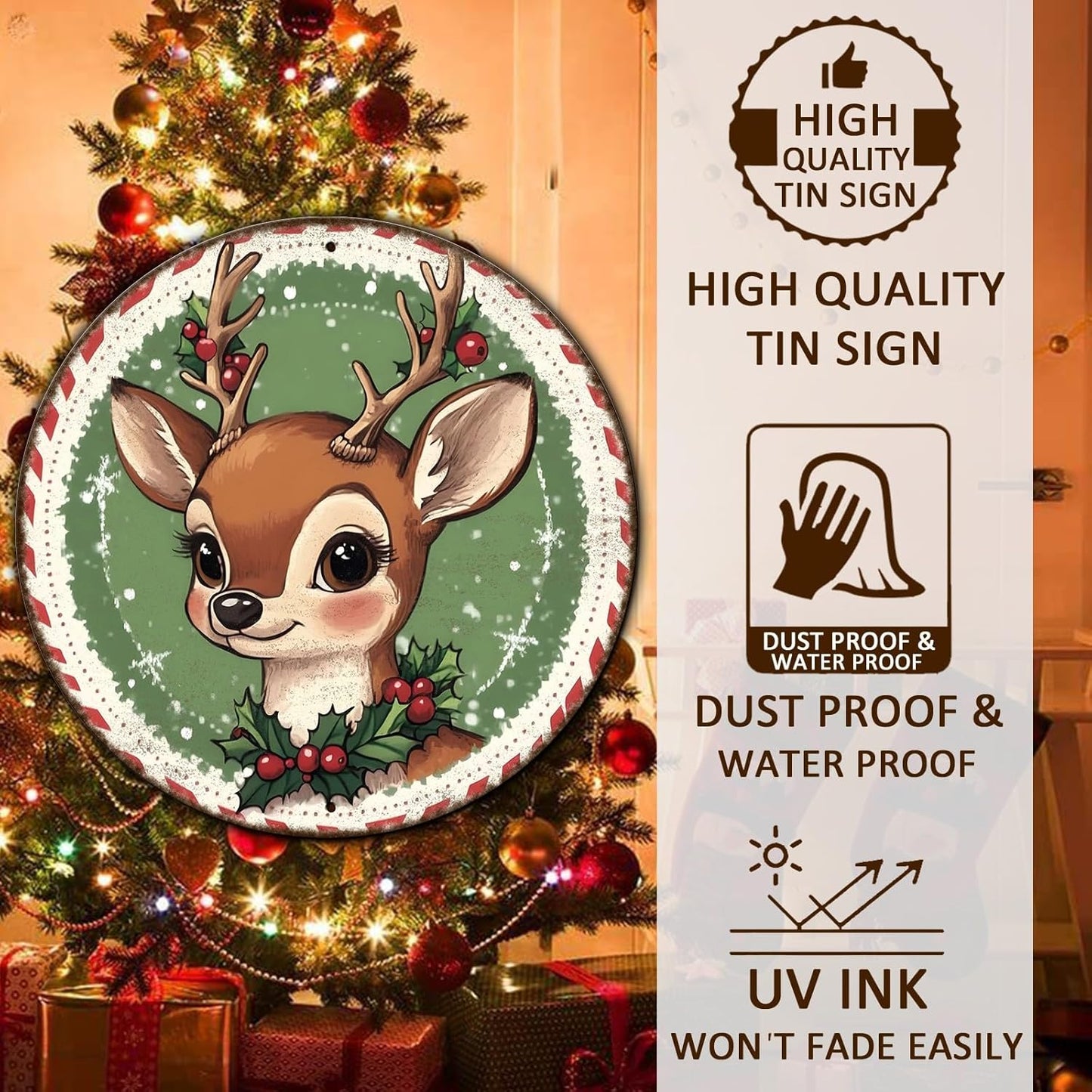 Round Retro Reindeer Metal Tin Sign - Vintage Christmas Decor for Home Coffee Wall - 8 * 8 in