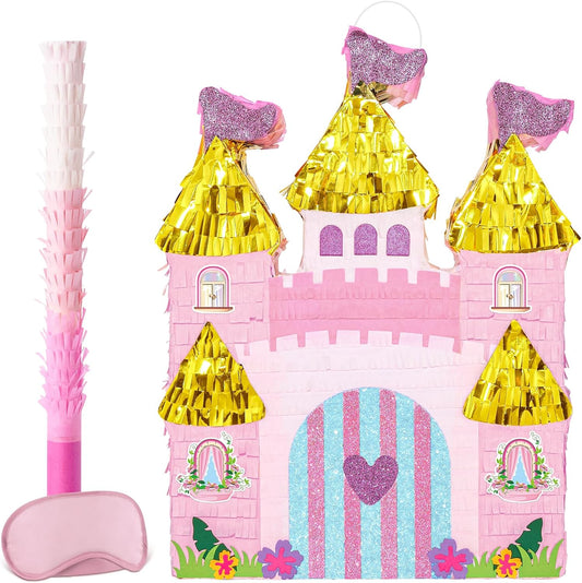 WERNNSAI Princess Castle Piñata - Princess Birthday Party Decorations Pink Princess Piñata with Blindfold and Bat for Birthday Girls Family Game Princess Theme Birthday Party Supplies 16.4” x 12.4”