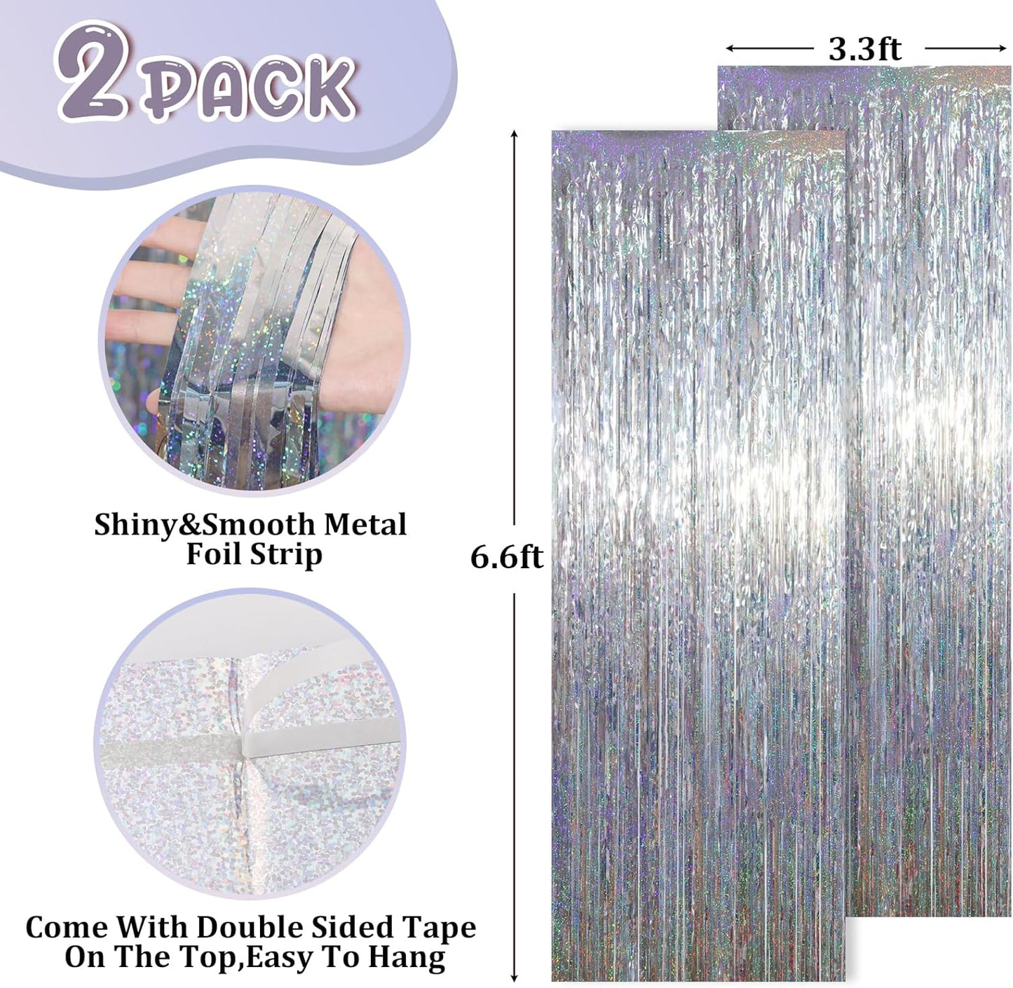 2 Pack Laser Silver Tinsel Foil Fringe Curtains, Silver Party Decorations, Metallic Tinsel Party Streamers Backdrop for New Years Birthday Halloween Wedding Party Decorations