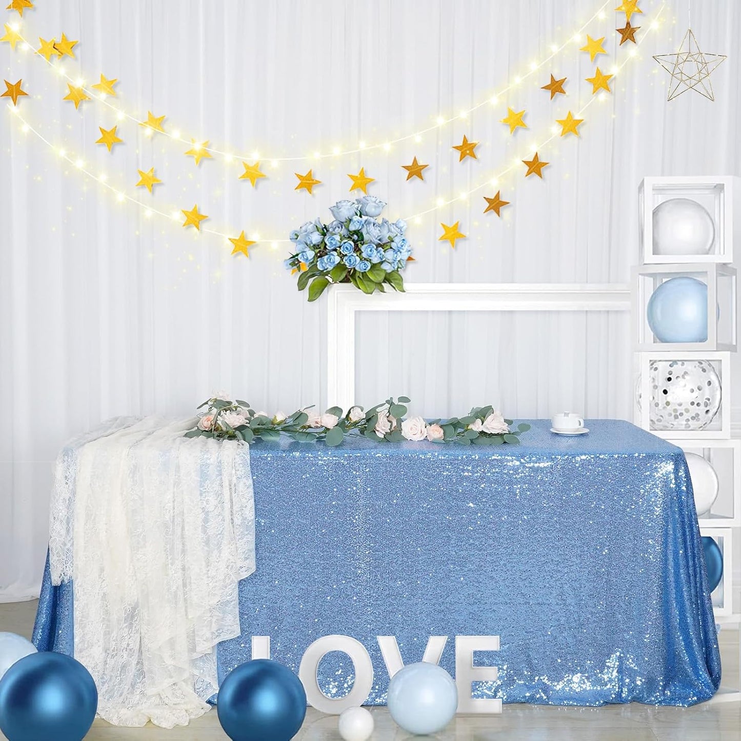 SquarePie Sequin Tablecloth 50 x 72 Inch Baby Blue Sparkly Table Linen for Wedding Party