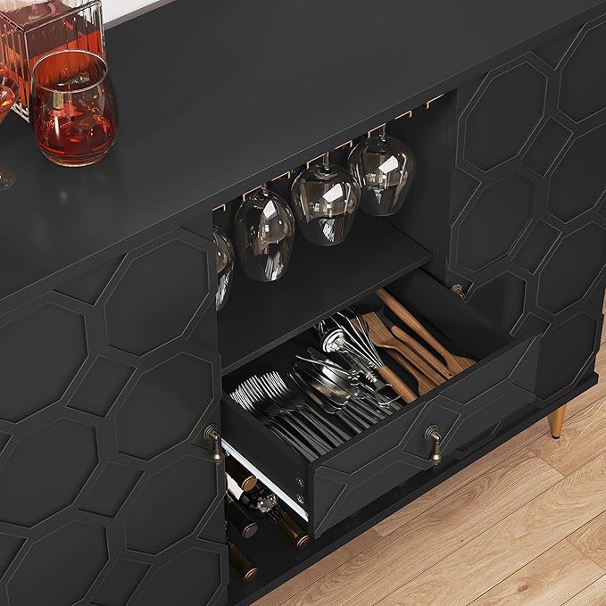Modern Bar Cabinet with Drawer, Liquor Cabinet with Wine Glass Racks and Shelves - Image 5