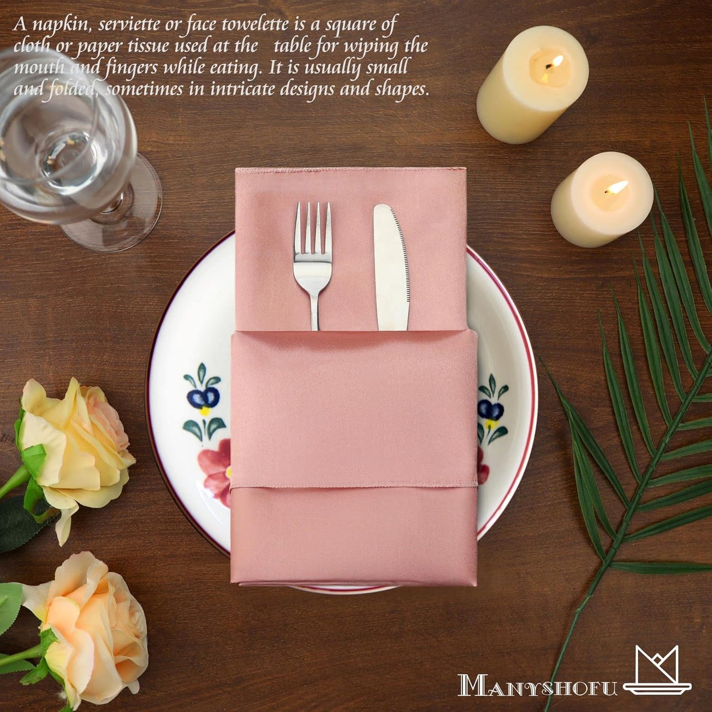 Manyshofu 50 Pieces Rose Gold Satin Napkins - 12x12 Inches Cloth Napkins, Square Satin Fabric Napkin Set - Smooth & Reusable Table Napkins for Wedding Dinner Party Lunch Banquet Restaurant Decoration