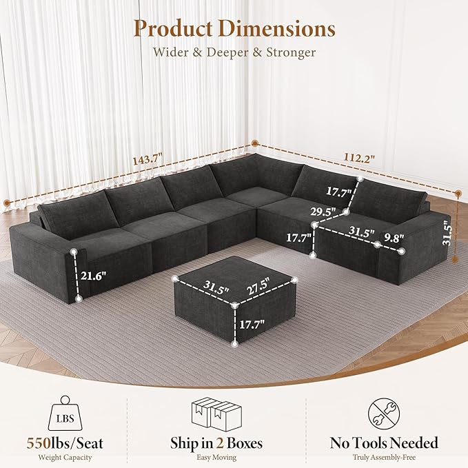 Vesgantti 143.7" Oversized Boneless Couch, Modern 7 Seater Modular Sectional - Image 2