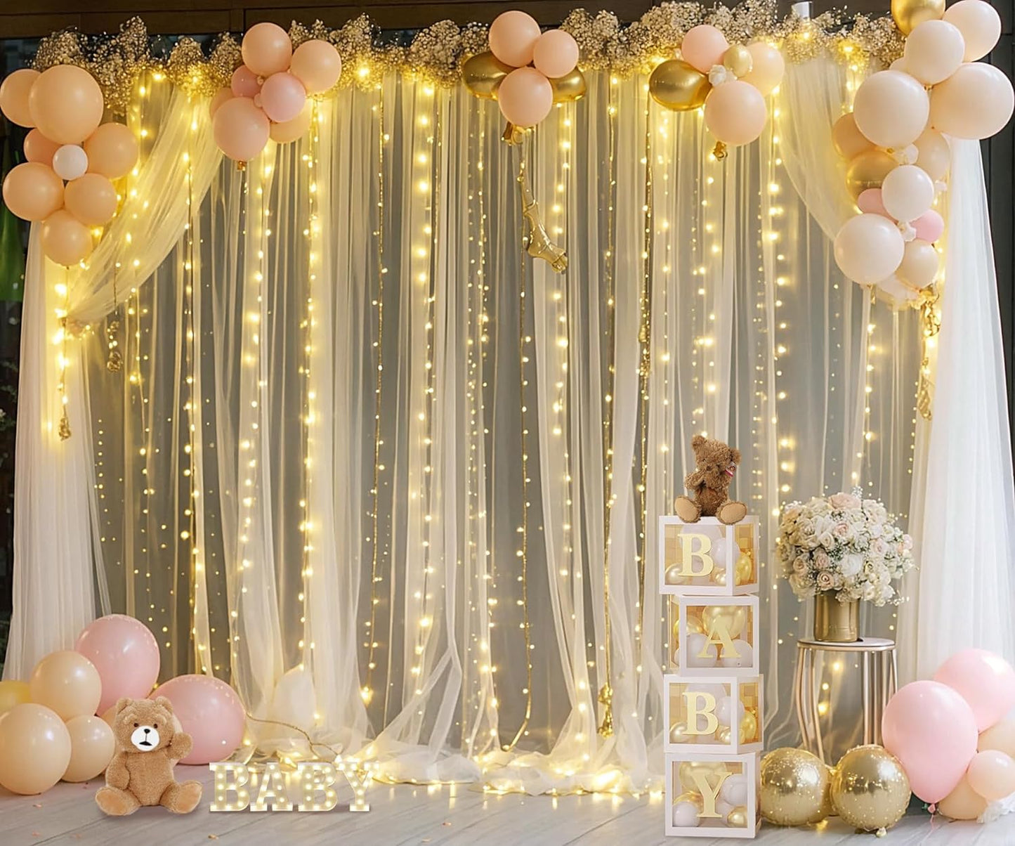 10ft x 10ft Champagne Tulle Backdrop Curtain with Lights String for Parties Wedding Bridal Shower Sheer Champagne Curtain Backdrop for Birthday Party Baby Shower Photo Booth Decorations