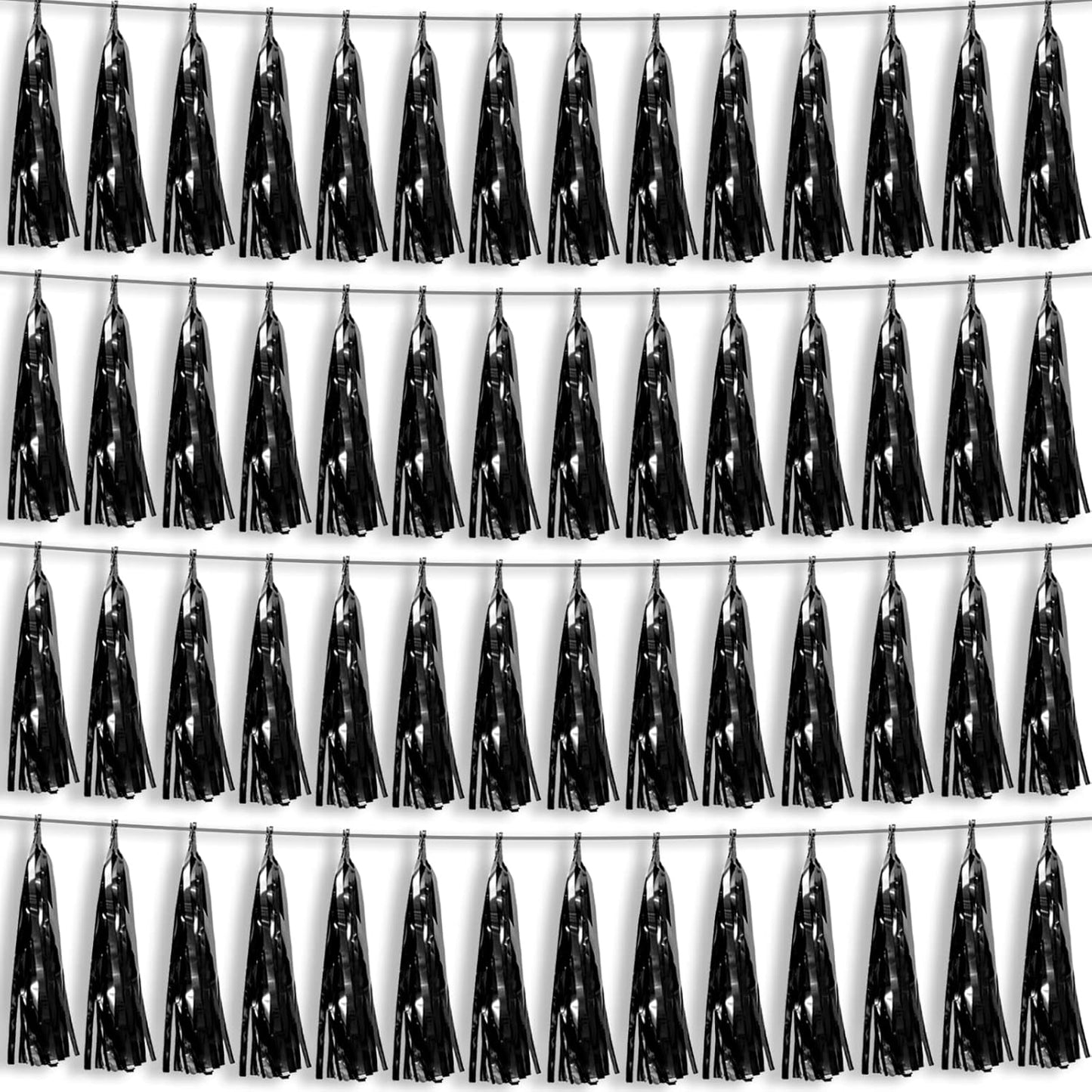 4P Black Foil Fringe Metallic Tassel Streamers Banner Tassel Garland for Parade Floats, Bachelorette, Wedding, Birthday, Halloween, Christmas, Bridal/Baby Shower Party Decorations