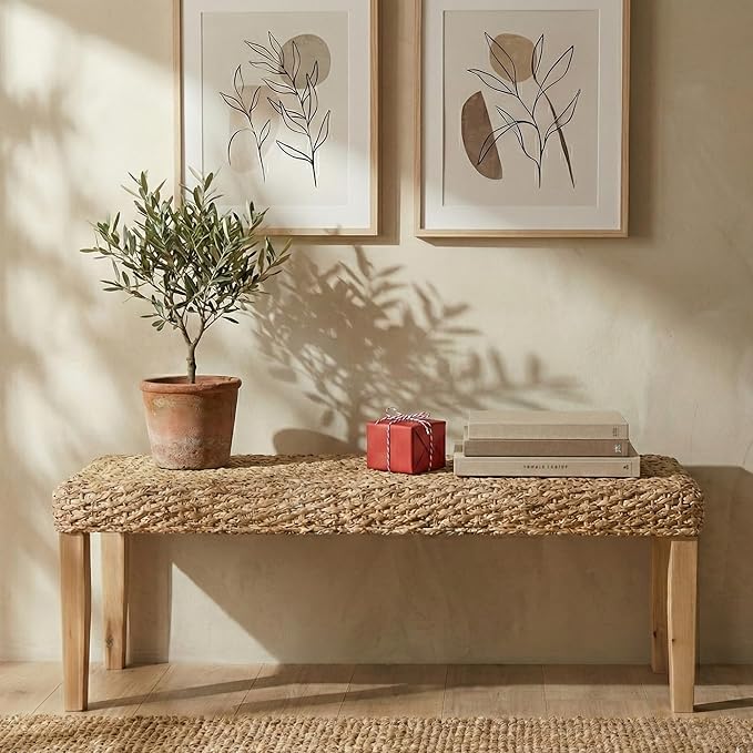 Indoor Bench Wicker for Entryway Bench, Wood Bench for Living Room Dining Bench - Image 8