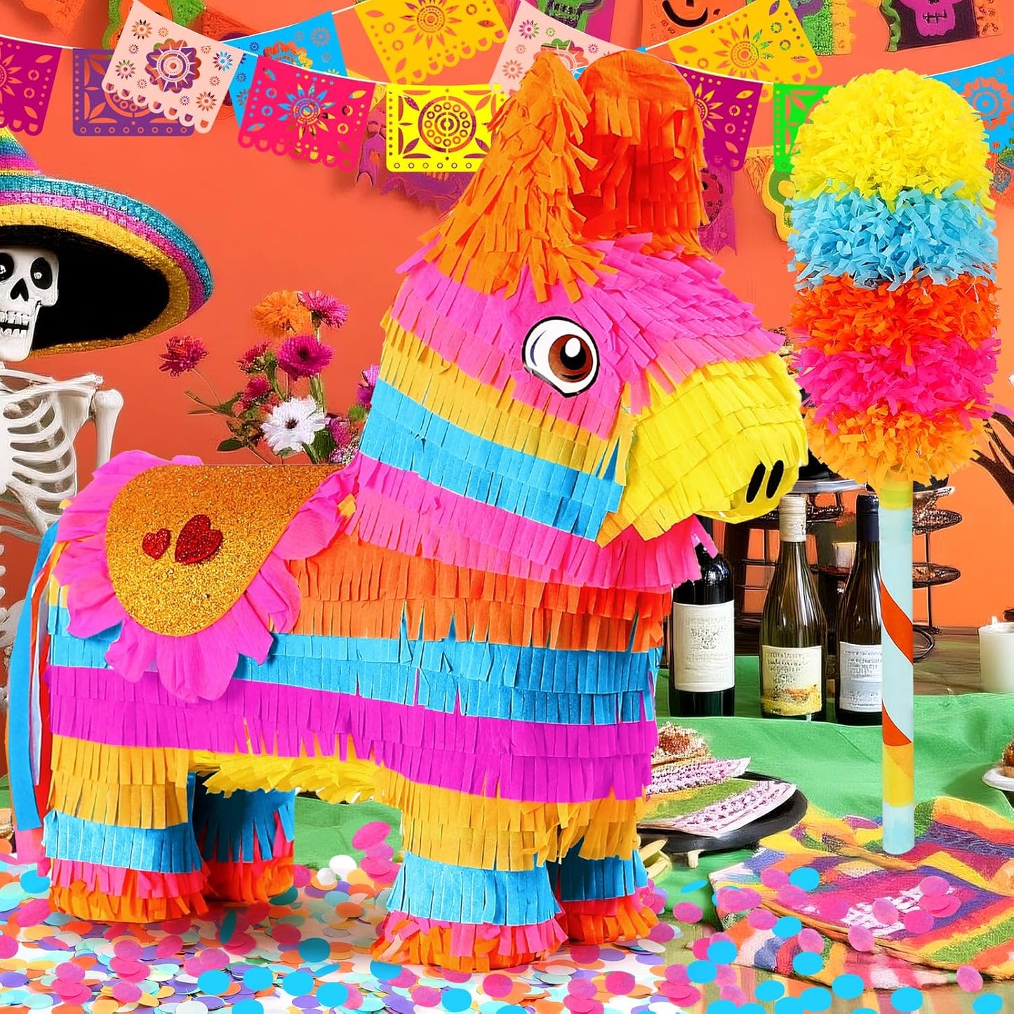 Cinco De Mayo Donkey Pinata with 24" Stick and Rope | Large Rainbow Piñata Decorations for Birthday Party, Taco Tuesday, Mexican Theme Fiesta (16 X 13.5 X 5.7 In)