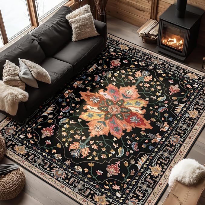 RELEANY Area Rugs 6'x8' Washable Non-Slip, Floral Vintage Distress Print by RELEANY