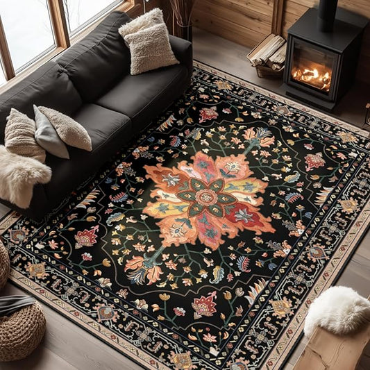 RELEANY Area Rugs 6'x8' Washable Non-Slip, Floral Vintage Distress Print by RELEANY