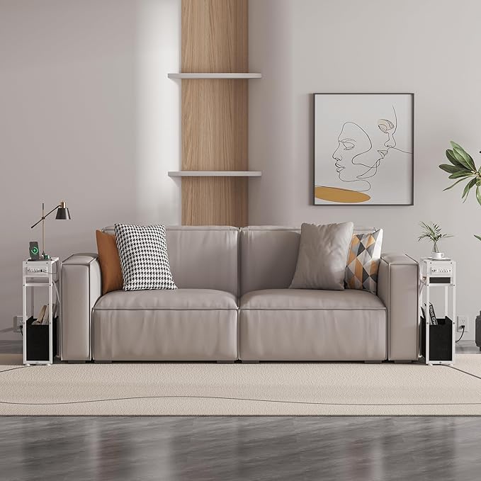 Leomonio White Side Table with Charging Station, Slim End Tables with Fabric - Image 6