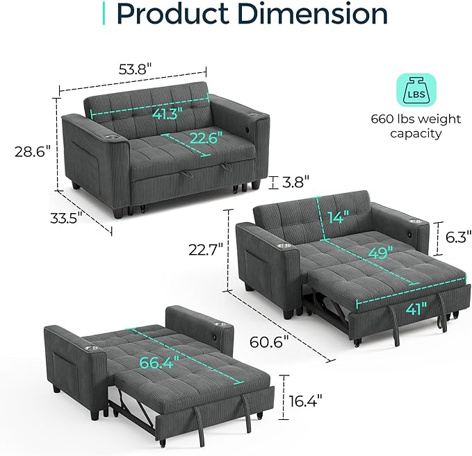 LINSY 54" Pull Out Couch with Charging Station - Image 2