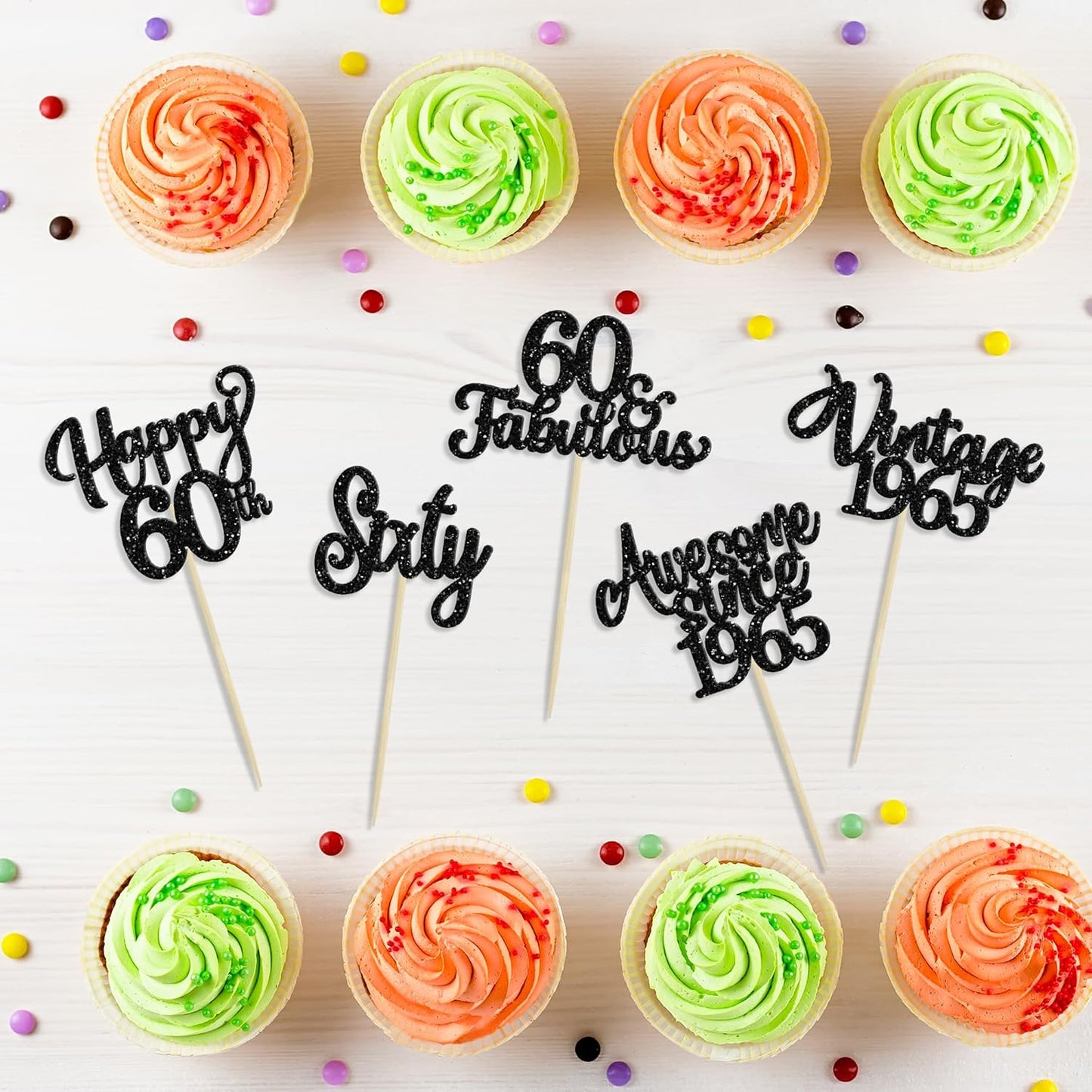 30Pcs Happy 60th Birthday Cupcake Toppers Glitter Sixty Vintage 1965 Cupcake Picks Cheers to 60 Fabulous Cake Decorations for 60th Birthday Wedding Anniversary Party Supplies Black