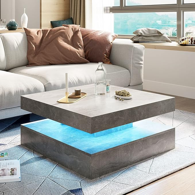 HedoAjim Grey LED Coffee Table for Living Room, Living Room Table 2-Tier Square by HedoAjim