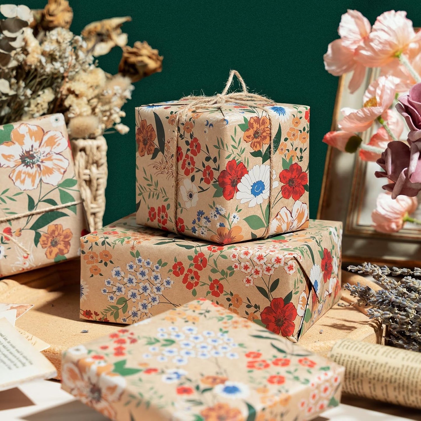 WRAPAHOLIC Kraft Floral Wrapping Paper - Mini Roll - 3 Rolls - 17 Inch x 120 Inch - All Occasion Vintage Flower and Sunflorwer Design for Wedding Bridal Shower Birthday