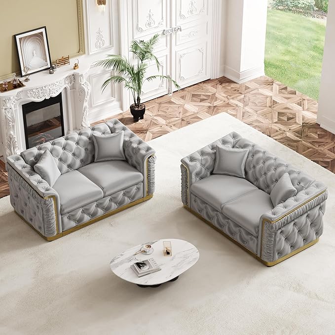 62.2" Luxury Velvet Chesterfield Sofa Tufted Victorian Black and Gold Couch - Image 8