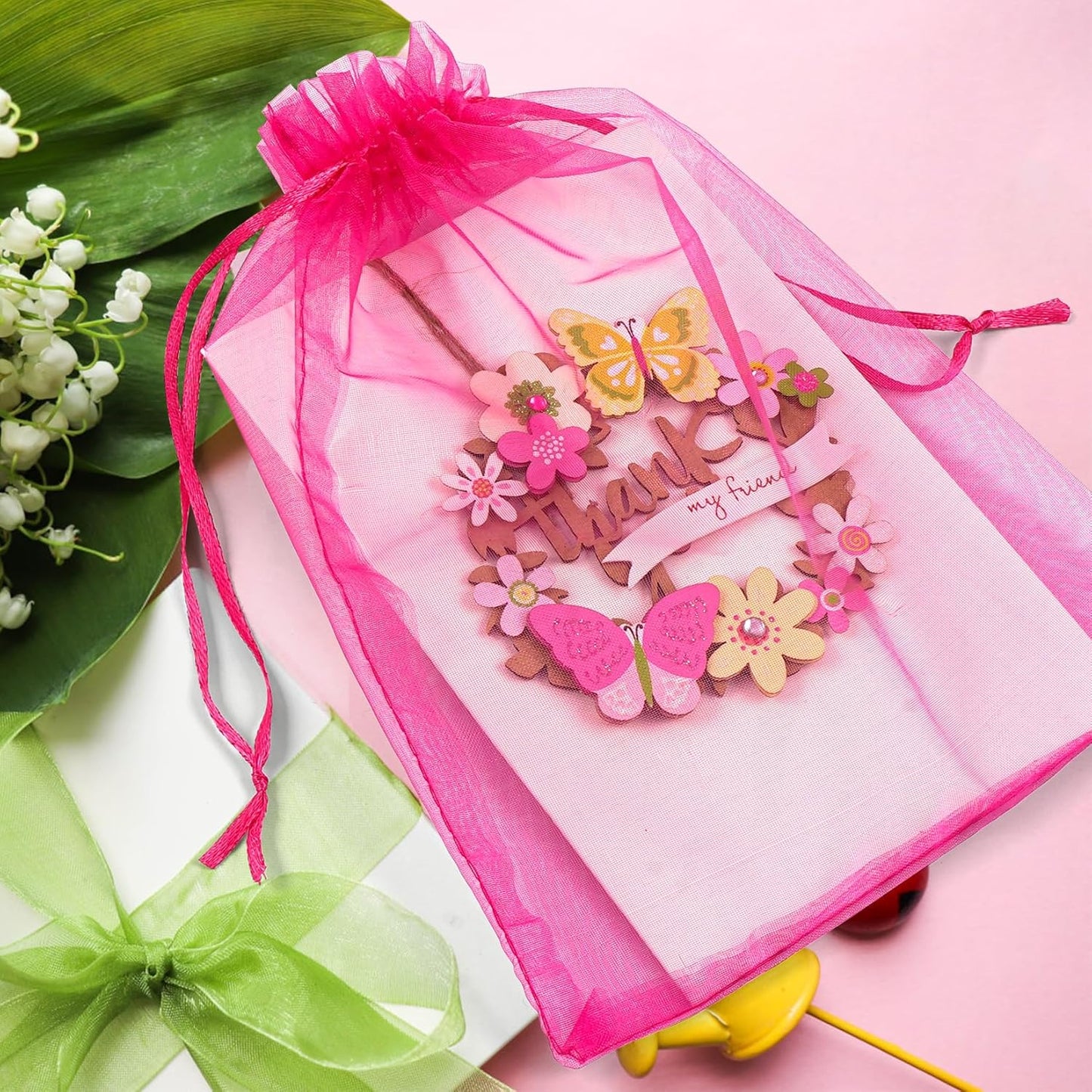 ANZNKU 100 Pcs Sheer Organza Bags 6x9 inches Mesh Drawstring Bag, Small Mesh Bag for Gifts, Large Organza Bags Drawstring for Wedding Party Favor Christmas(Hot Pink)