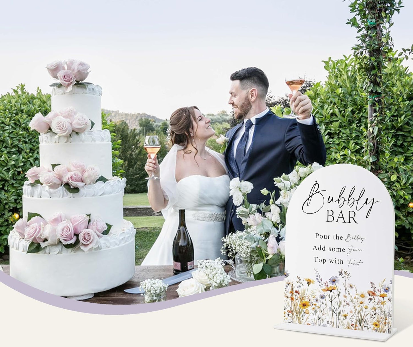 Wedding Signs for Ceremony and Reception, Boho Floral Acrylic Bubbly Bar Sign, Wedding Signage with Stand, Bridal Shower Table Centerpieces, Supplies for Engagement Reception and Event Party, 23