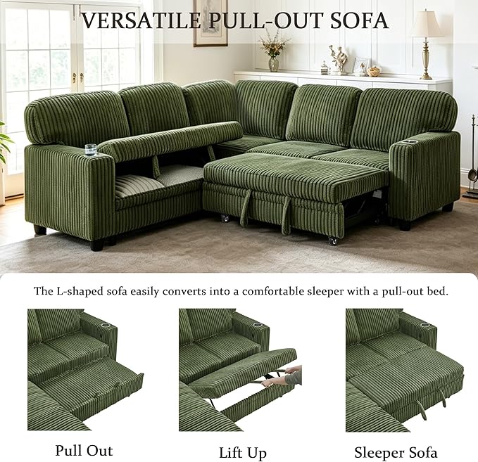 L-Shaped Sectional Couch with Storage and Pull Out Bed, Convertible Sofa Bed - Image 5