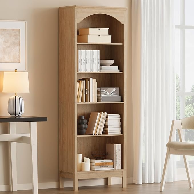 Arched Bookshelf with 5 Tier Open Shelves, Study and Living Room, Natural Oak by JMHDYG