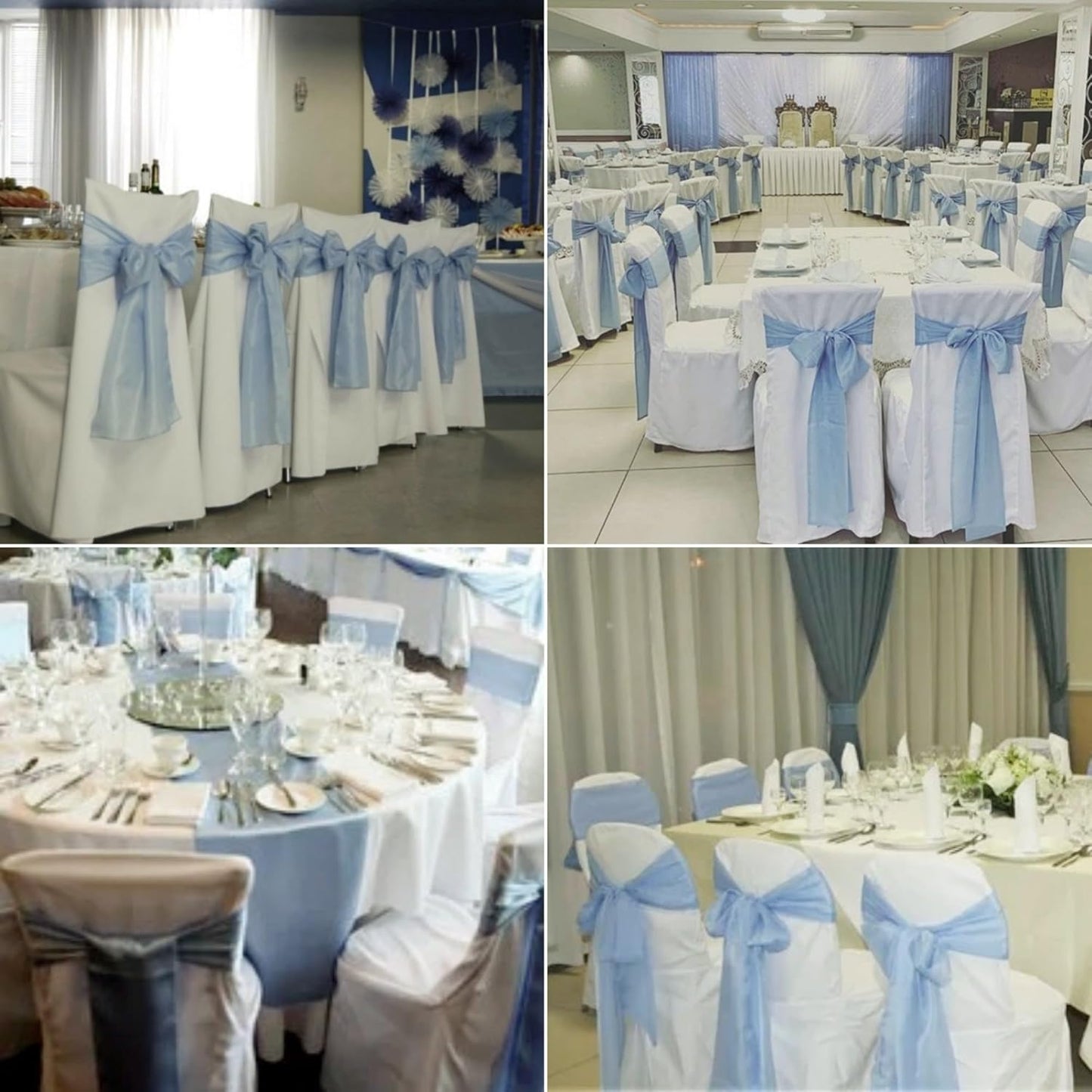 100 PCS Satin Chair Sashes Decorative Bow Chair Sashes Ties Back Ribbon Bows Chairs Cover Band for Wedding Birthday Party Ceremony Reception Events Banquet Home Kitchen Decor(7 x108 inch,Baby Blue)