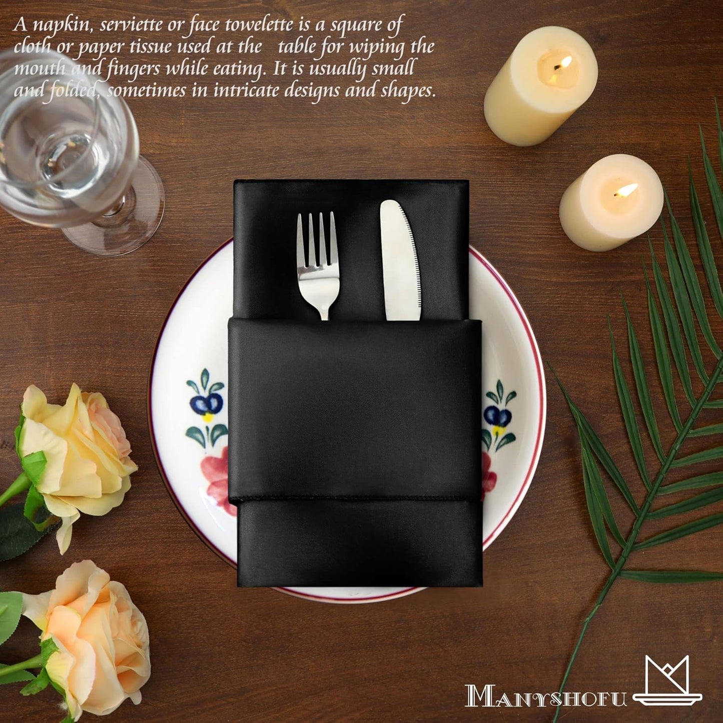Manyshofu 50 Pieces Black Satin Napkins - 12x12 Inches Cloth Napkins, Square Satin Fabric Napkin Set - Elegant & Smooth Table Napkins for Wedding Dinner Party Lunch Banquet