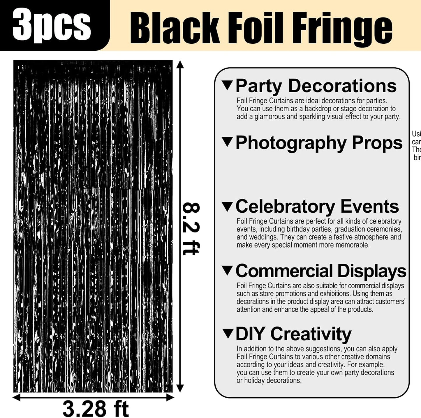 3 Pack Black Foil Fringe Curtain Backdrop, 3.28Ft x 8.2Ft Metallic Tinsel Foil Fringe Streamer Curtains for Photo Booth, Christmas Day, Thanksgiving, Wedding, New Year Party Decorations