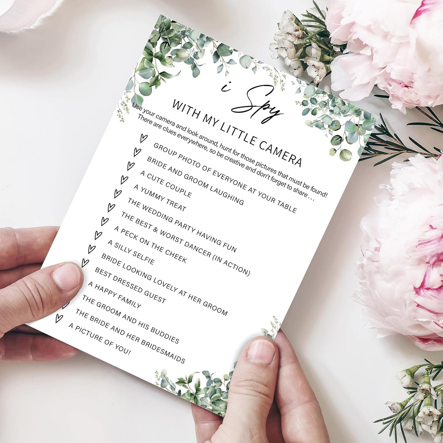 Eucalyptus Bridal Shower Game Cards - I Spy With My Little Camera, Wedding Engagement Bachelorette Party Bridal Shower Games for 30 Guests, Double Sided Cards Set of 30, Activity Supplies & Favor/A13