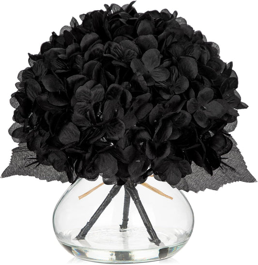 Hollyone Hydrangea Fall Flowers Artificial for Decoration with Glass Vase Black Silk Faux Flowers Arrangements in Vase with Faux Water Fake Floral Bouquet Table Centerpiece Fall Decorations for Home