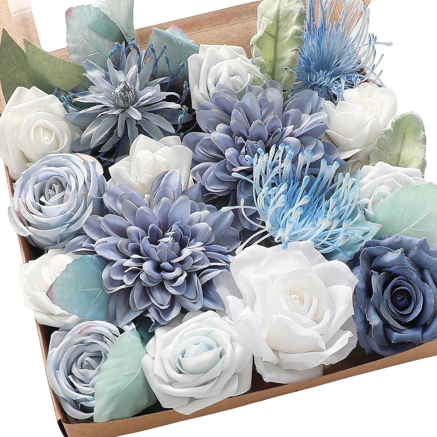 Floroom Dusty Blue Powder Blue Artificial Flowers Fake Roses Dahlias and Greenery Combo Box Set for DIY Wedding Bouquets Bridal Shower Centerpieces Floral Arrangements Party Tables Home Decorations