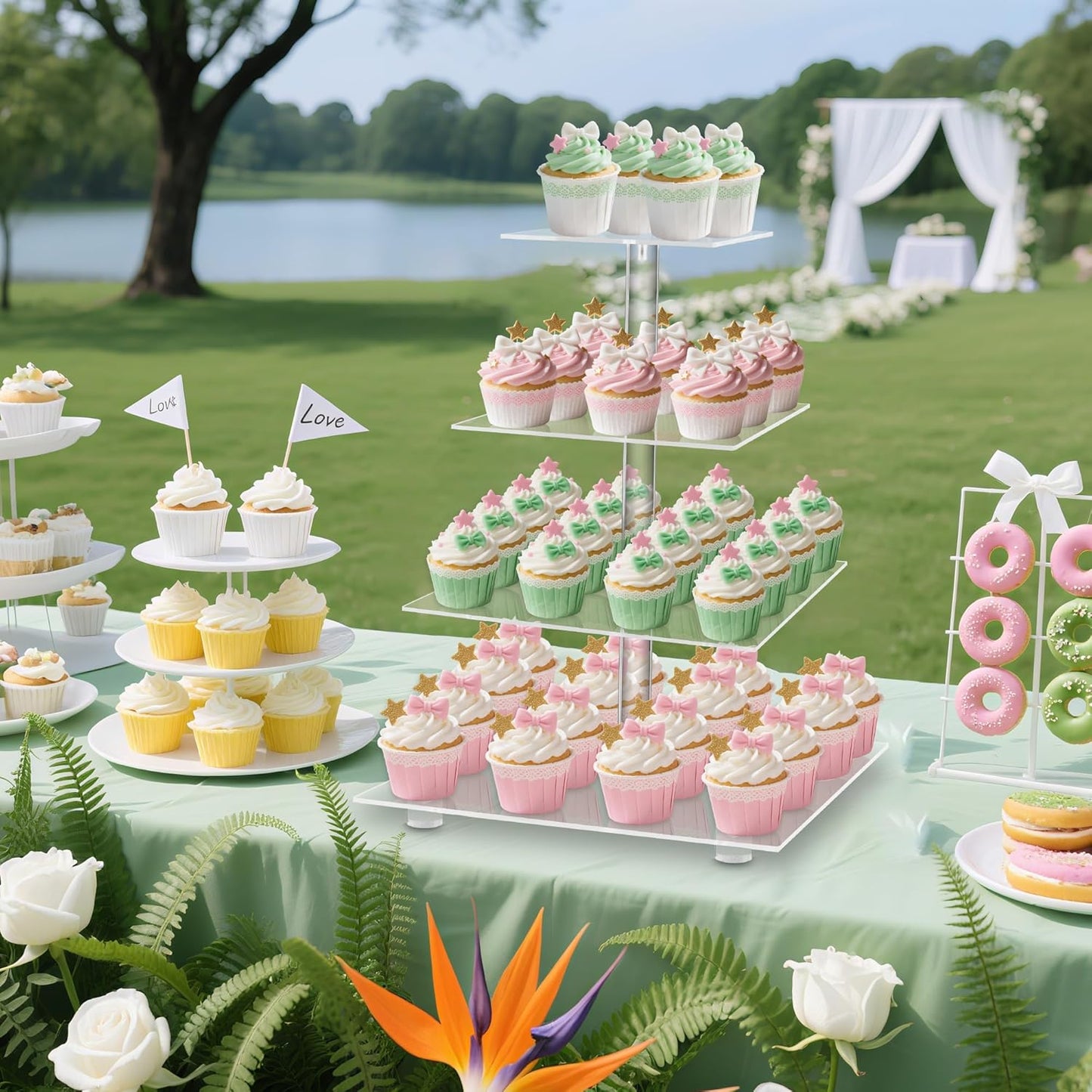 YestBuy 4 Tier Acrylic Cupcake Stand with Base, Cake Stand, Premium Cupcake Holder, Acrylic Cupcake Tower Display Cady Bar Party Décor – Display for Pastry (6" Between 2 Layers)…