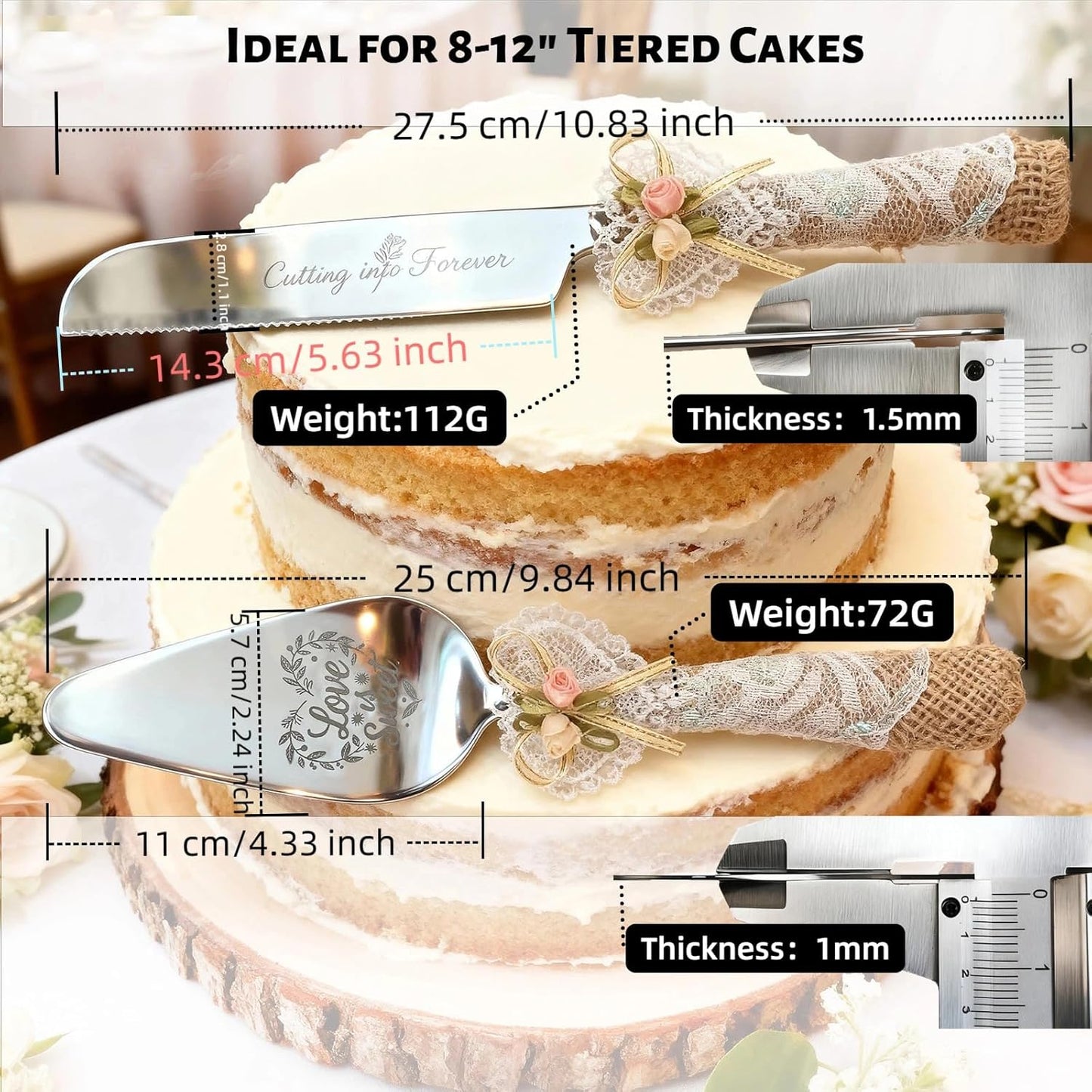 Wedding Cake Knife and Server Set – Rustic Lace Burlap Handle, Stainless Steel Blades, Vintage Wedding Cake Cutting Set for Bride & Groom, Anniversary, Engagement Gift